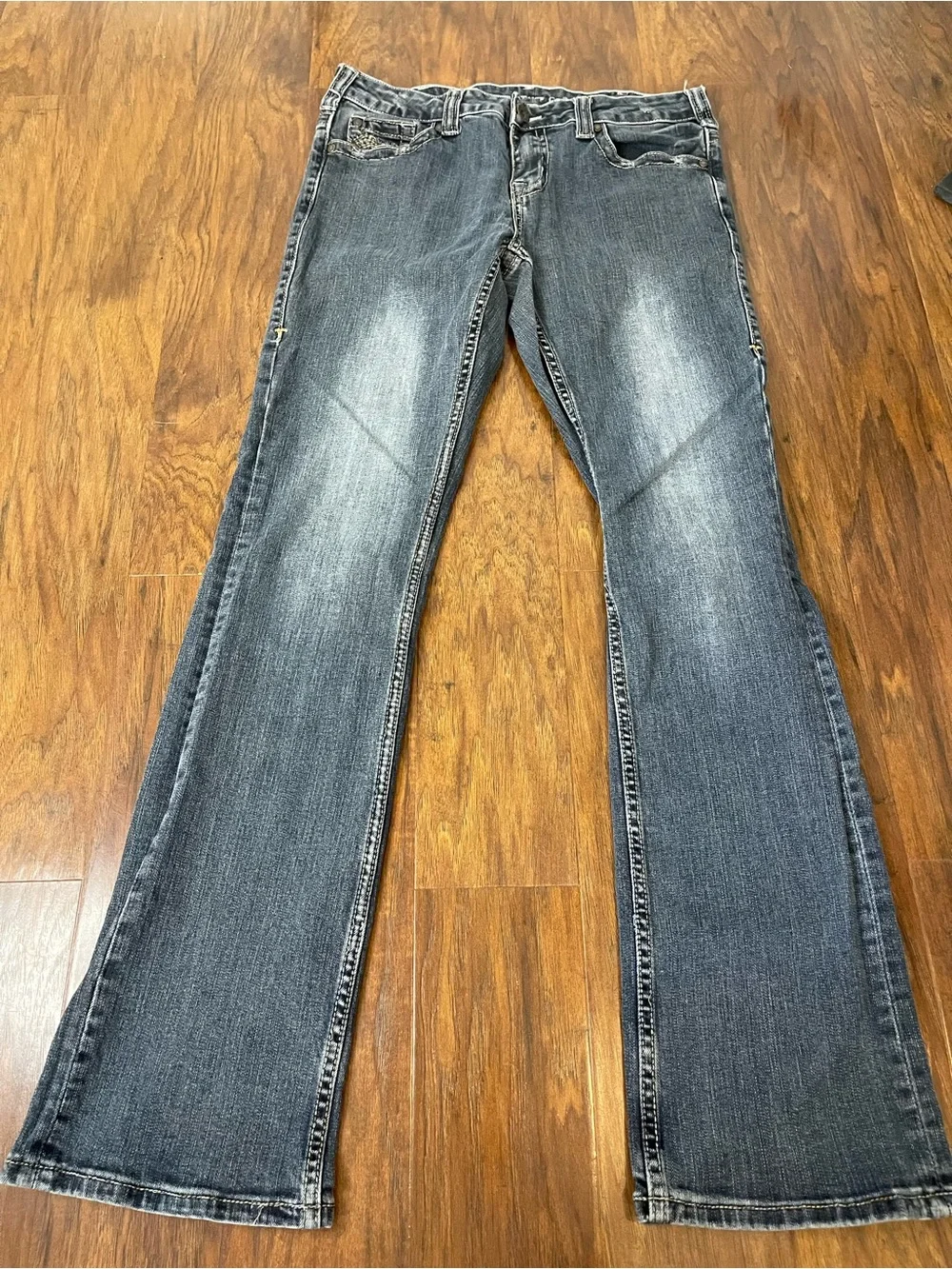 Cowgirl Tuff Dont Fence Me In Dark Wash Bootcut Jeans Gold Stitching 31x35